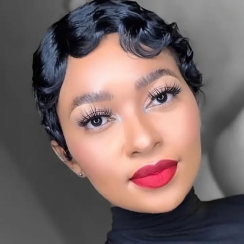 Short Pixie Cut Wig for Black Women – Human Hair Ocean Finger Wave, Glueless, Da