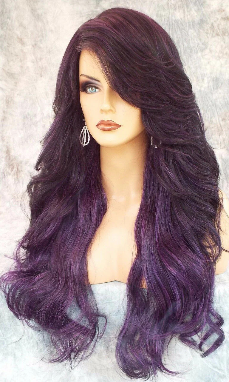 28″ WAVY HEAT FRIENDLY WIG CLR SOM DARK PURPLE GORGEOUS SEXY LONG THICK USA 421
