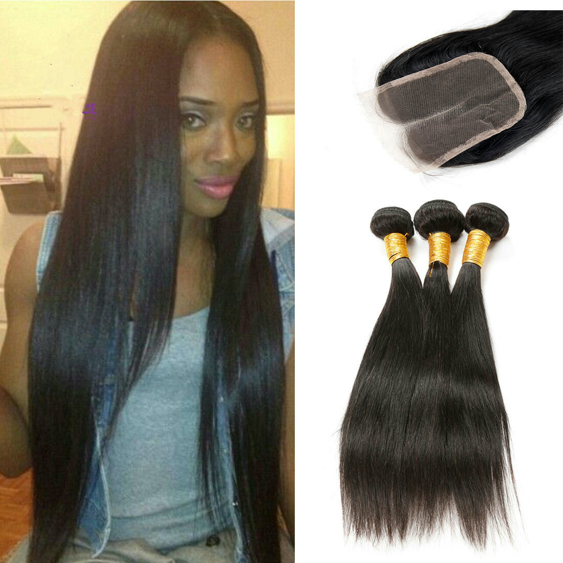 3 Bundles with Closure Frontal 100% Unprocessed Brazilian Virgin Human Hair USA