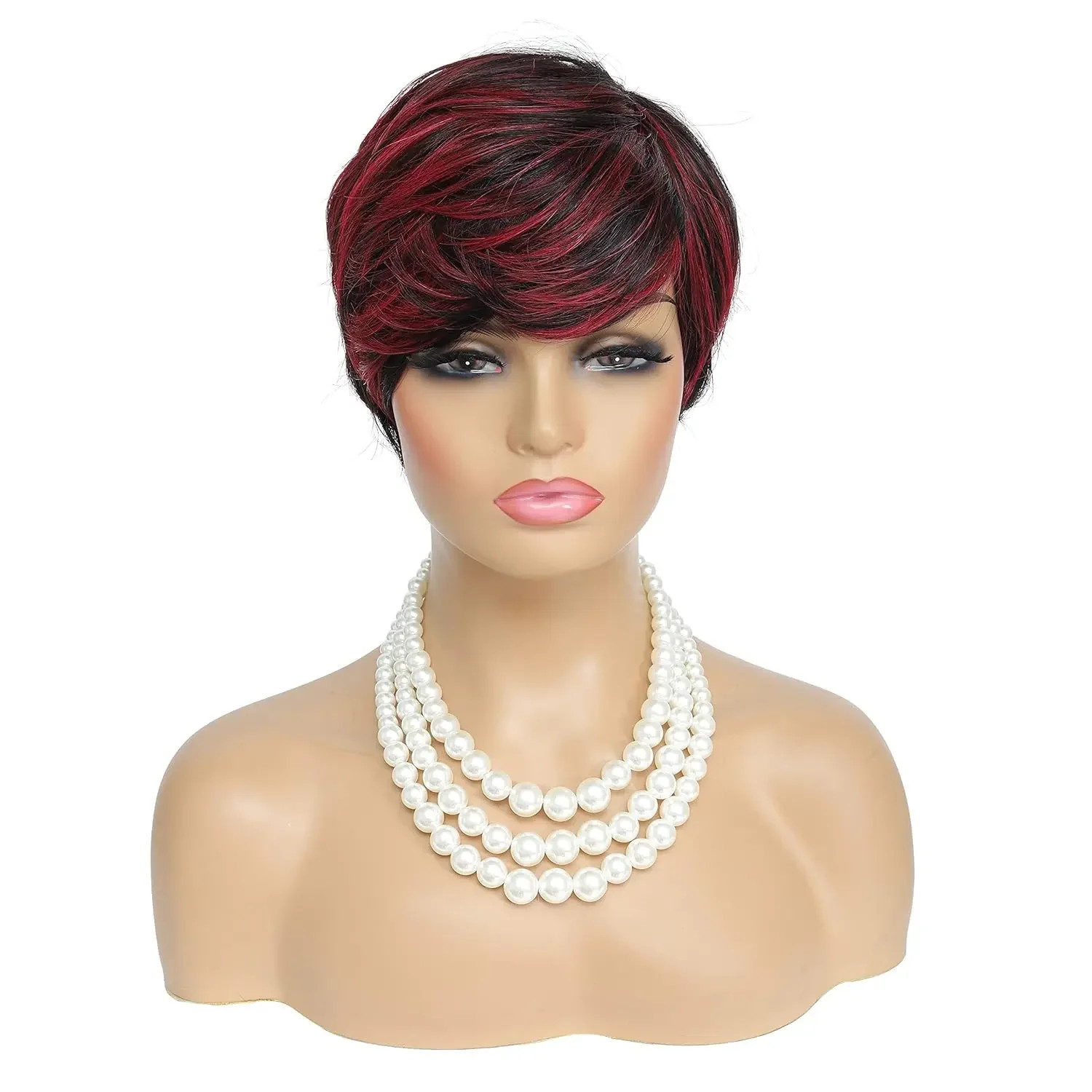 Short Pixie Cut Wig Black Red Curly Synthetic Wig Women