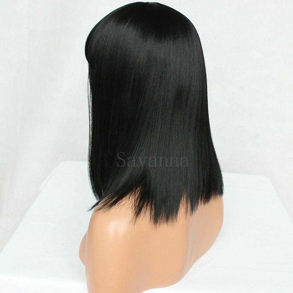 Women’s Black Bob Wig Short Straight Synthetic Fiber Hair Full Bangs Cosplay Wig