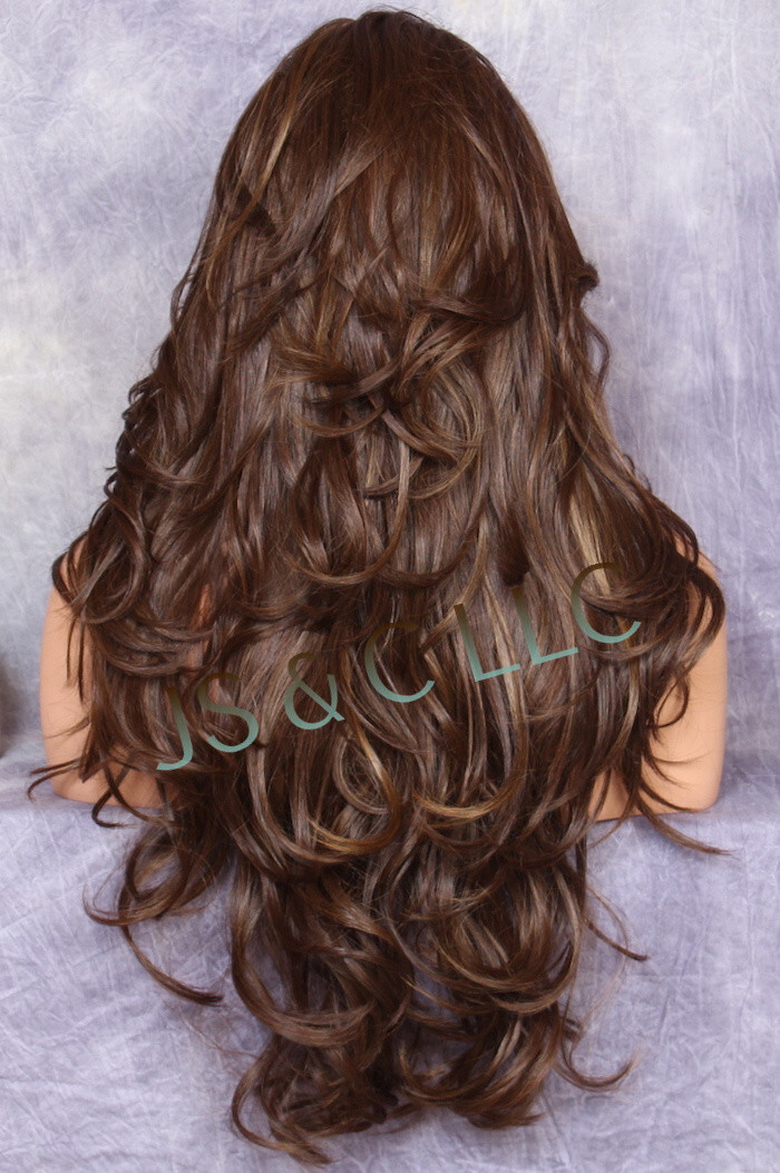 Heat OK Human Hair Blend Full Lace Front WIG Long Wavy Brown Auburn Mix WBKM