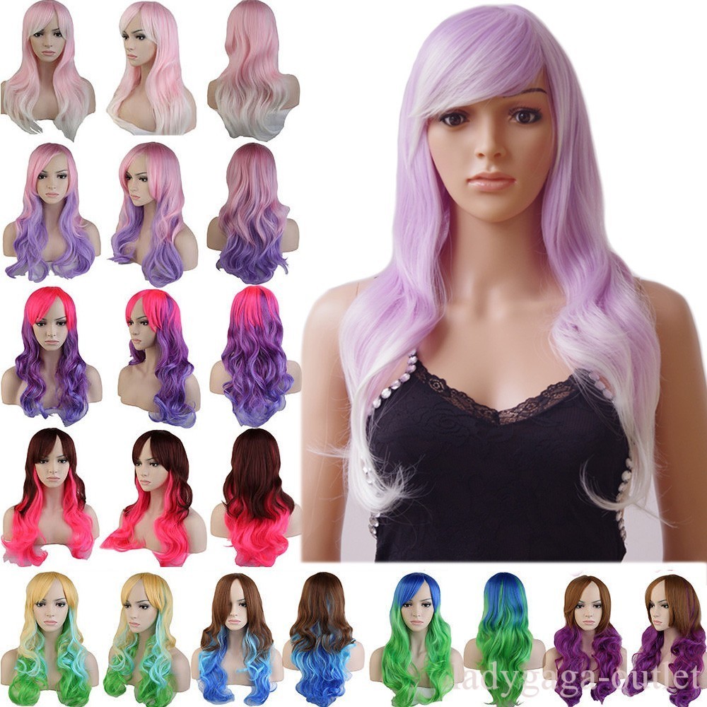 Rainbow Ombre Hair Wig Long Curly Wavy Women Lady Pastel Cosplay Dress Full Wigs