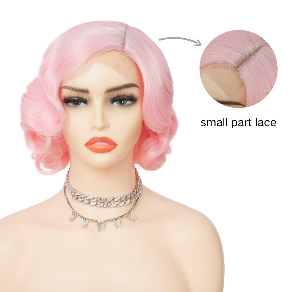 Salaibs Pink Finger Wave Wig 1920s Women’s Heat Resistant Synthetic
