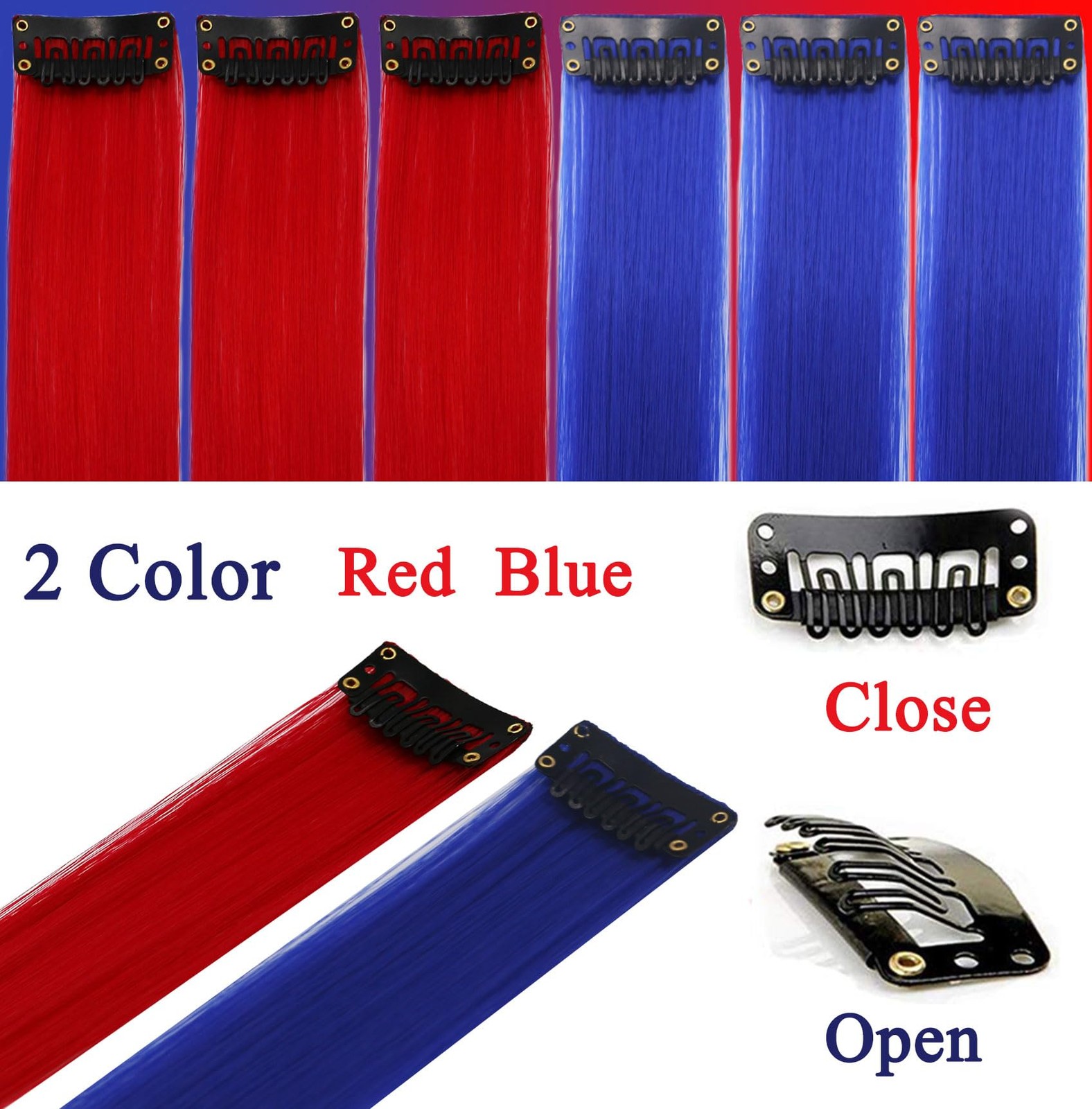 12 PCS Red and Blue Hair Extensions Clip in,Colored Party 21inch Highlights Stra