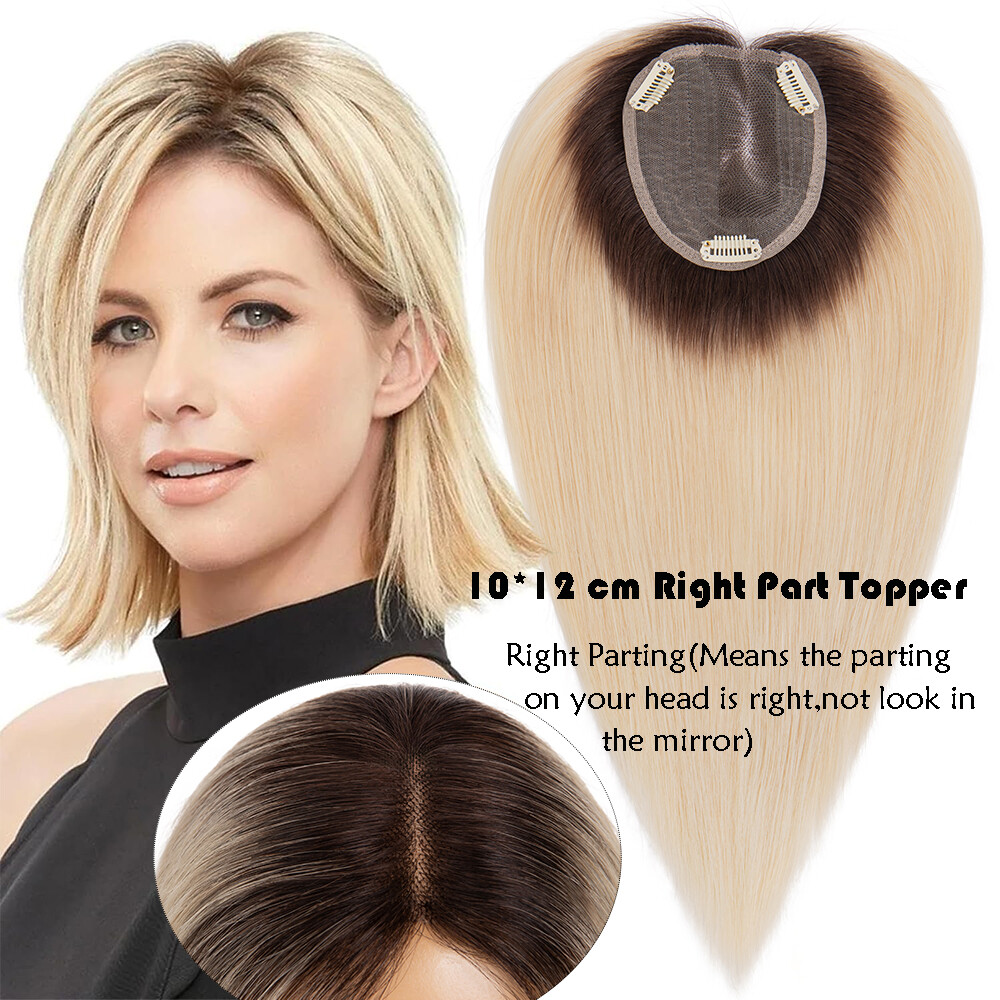 Silk Base 100%Human Hair Topper Clip in Hairpiece Wig Toupee Top Piece Side Part