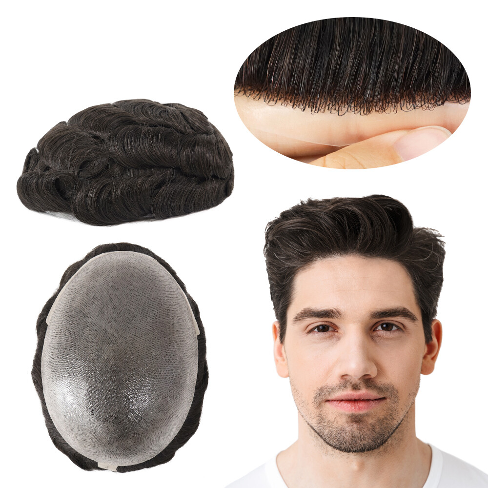 Mens Hair Replacement System Poly Skin Toupee 0.12mm Hairpieces Human Hair #1B