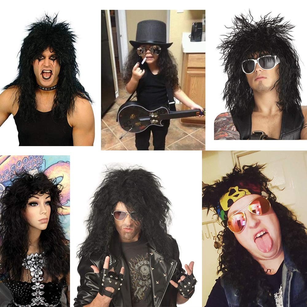 Men’s 80s Black Mullet Wigs Punk Heavy Metal Long Curly Rocker Male Hair Wig USA