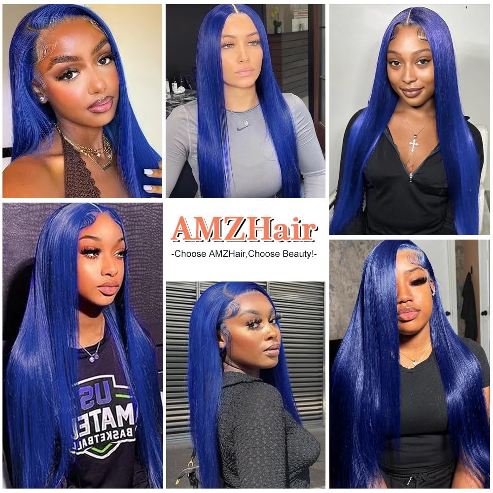Amzhair 13X6 Dark Blue Lace Front Wigs Human Hair Straight Hd Transparent Royal