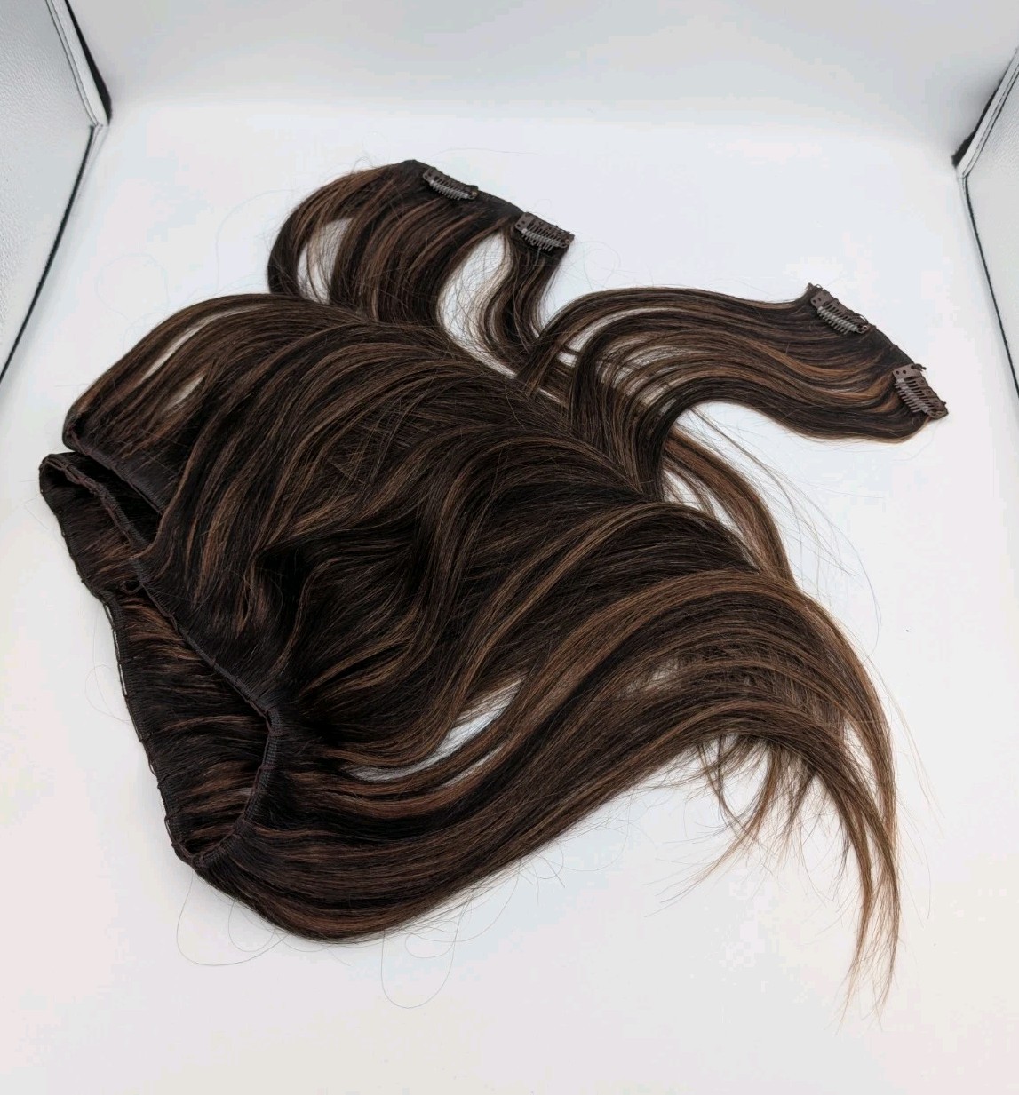Hair Extensions 15″ Long With Clip Kit Included Brown W Gold Highlights