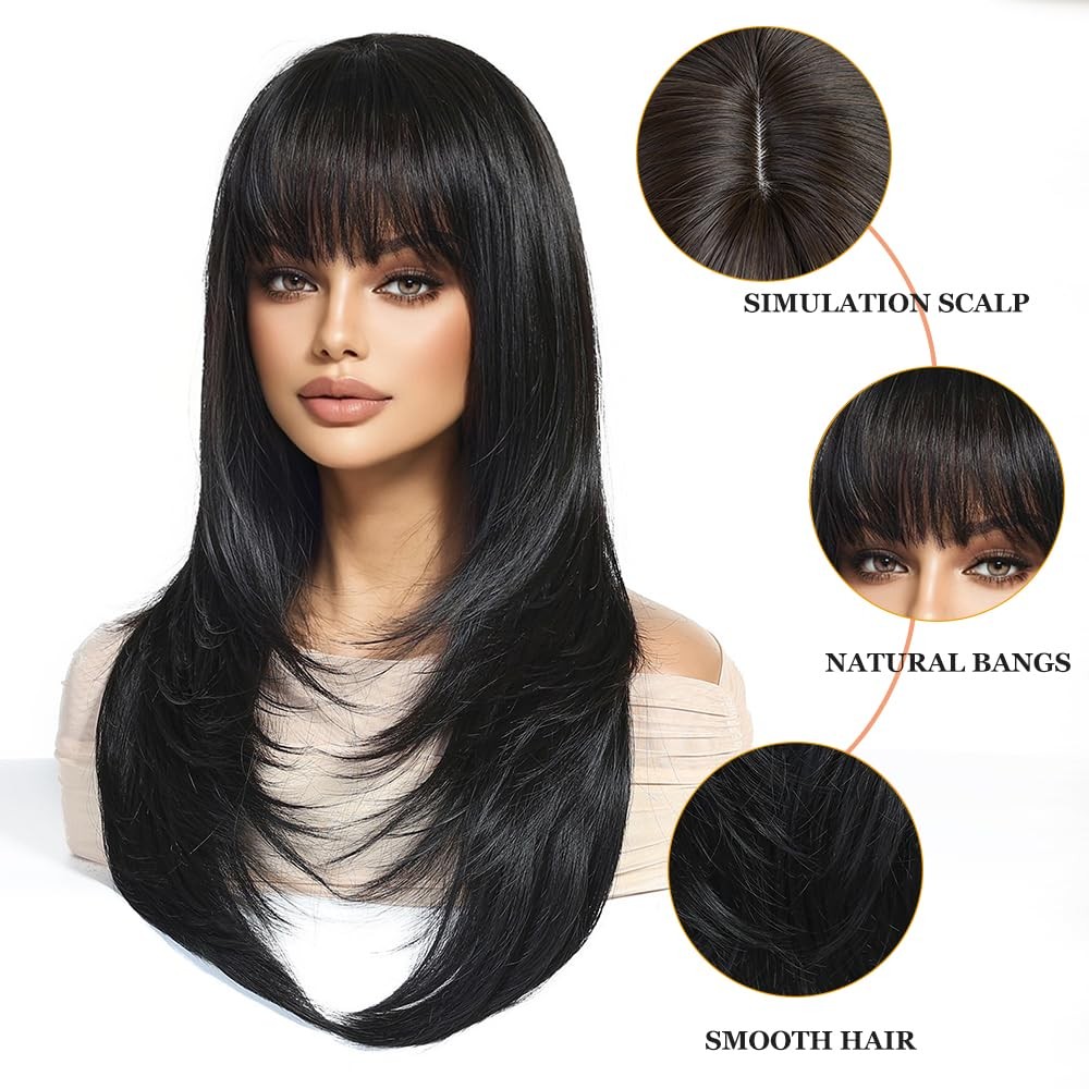 Long Straight Black Brown Wigs for Women with Fringe Natural Synthetic Hair W…
