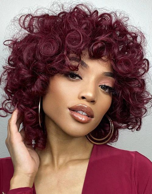 2pcs Wig Short Burgundy Red Loose Wave Wigs Curly Wigs with Bangs for Women