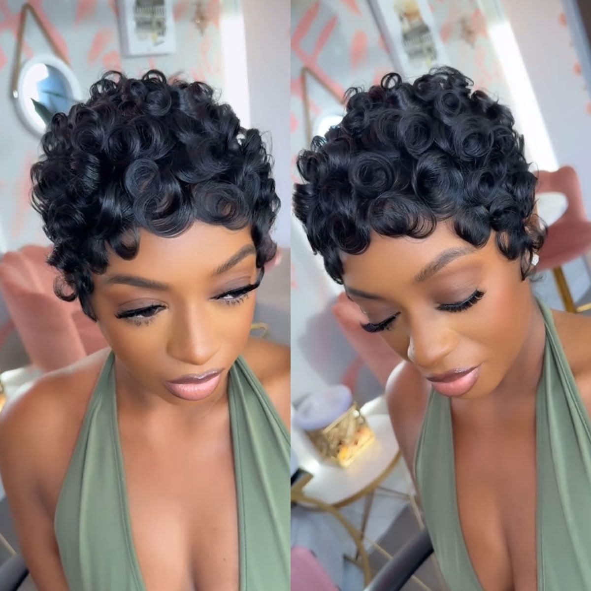 Curly Pixie Cut Wig for Black Women – Short Layered Human Hair Wig with Bangs