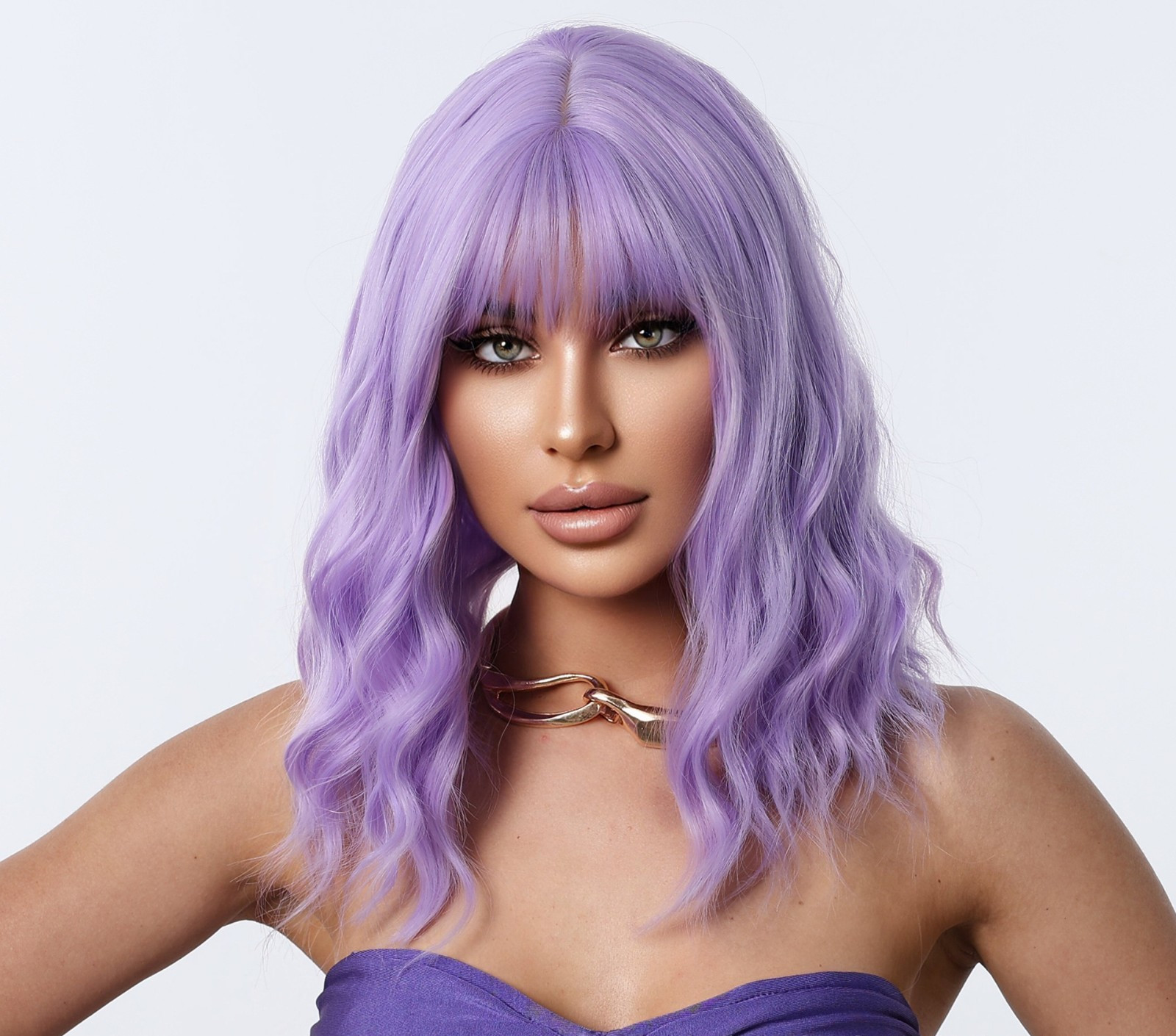 Light Purple Wigs for Women 16in Wavy Bob Wig with Bangs Synthetic Hair Cosplay