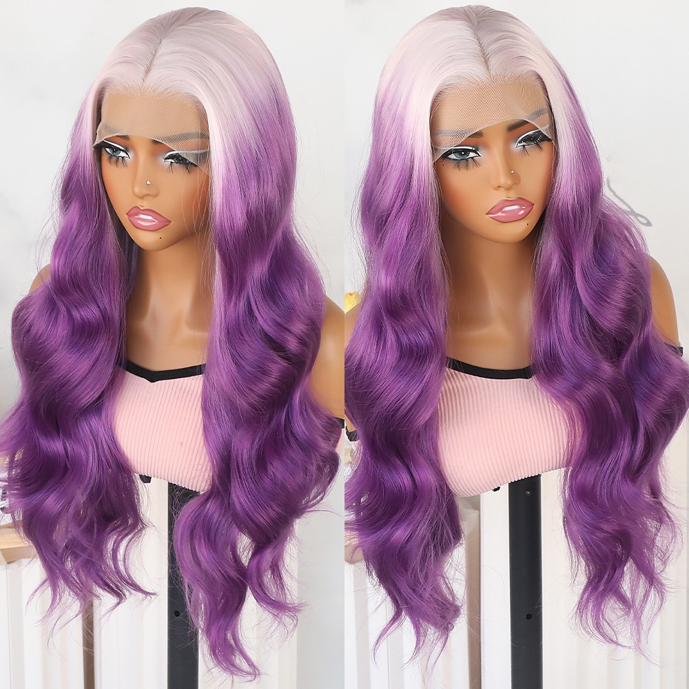 Body Wave Lace Front Wigs Ice Pink Ombre Purple Hair Long Wavy Heat Safe Natural