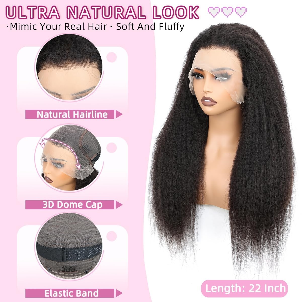 Kinky Straight 13×6 Lace Front Wig 16″ Human Hair, 180% Density, Pre-Plucked, Gl