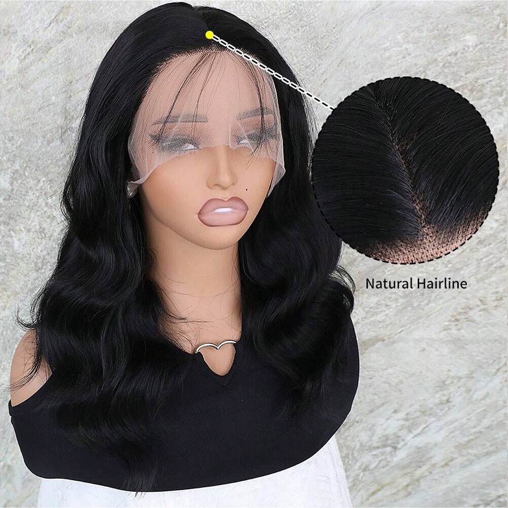Short Body Wave Lace Front Wigs Soft as Human Hair Pre Plucked Natural Black Wig
