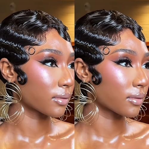 Short Pixie Cut Wig for Black Women – Human Hair Ocean Finger Wave, Glueless, Da