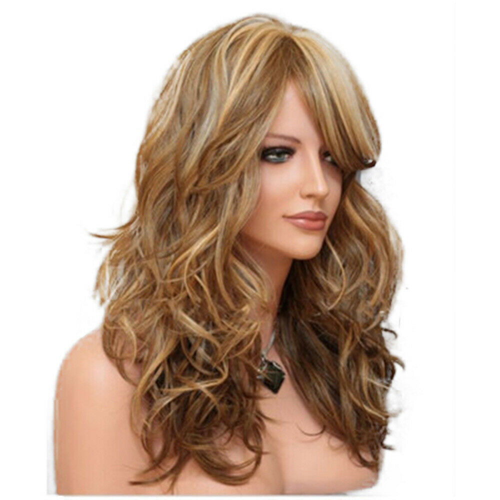 Long Natural Wavy Ombre Brown Blonde Wigs with Bangs for Women Daily Use Hair US