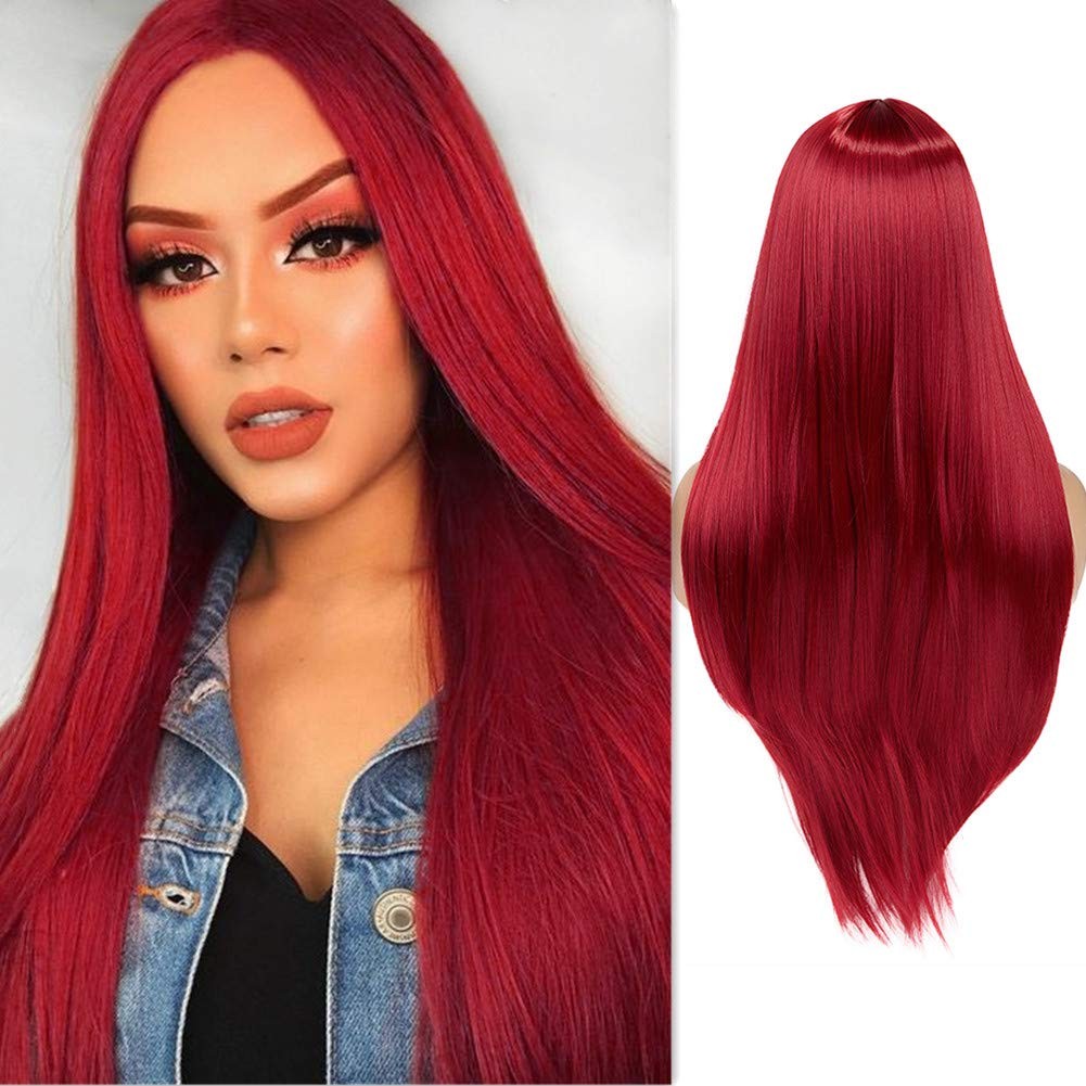 WIGER Long Straight Red Wig for Women, Middle Part Synthetic Cosplay Costume