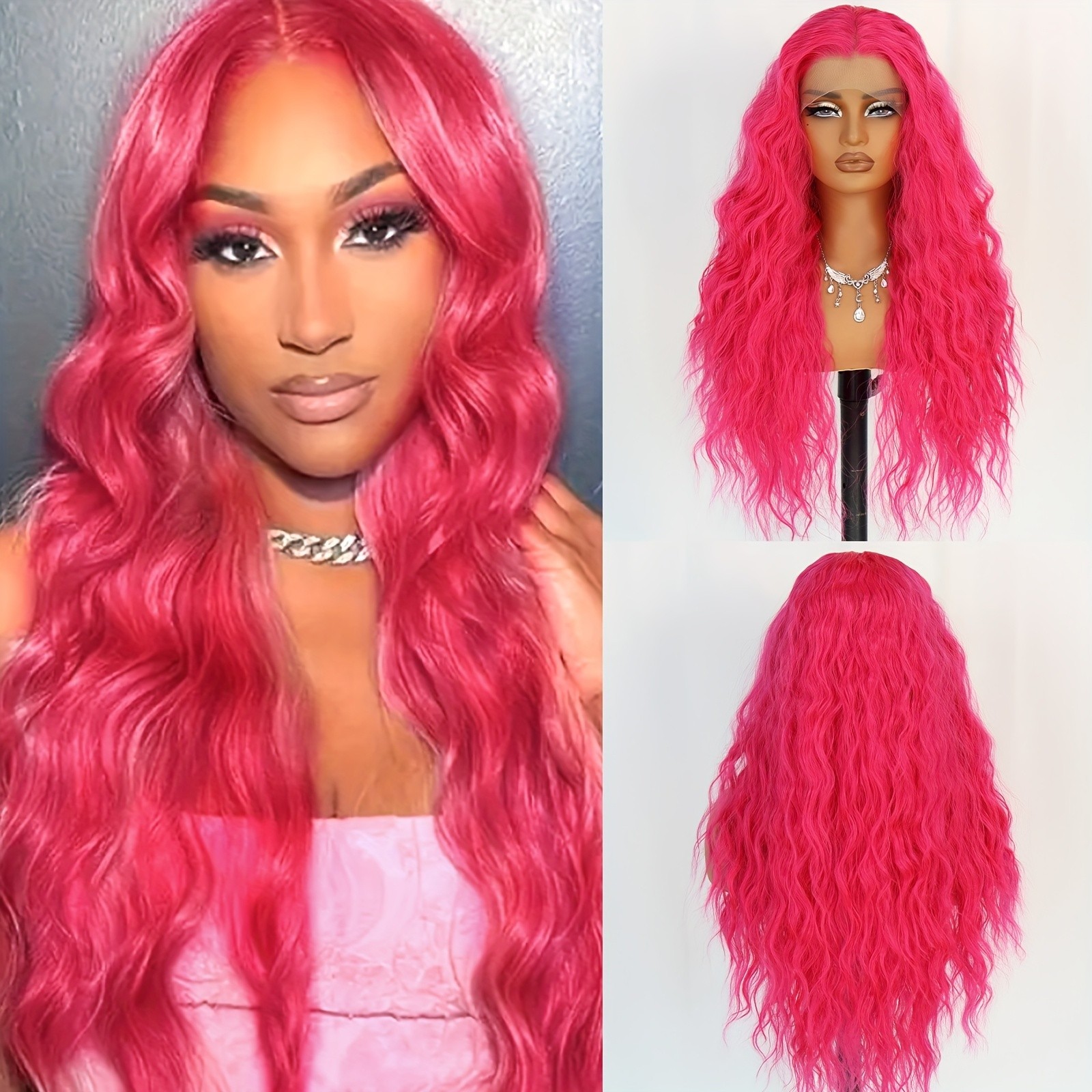 Hot Pink Color Wigs Long Loose Curly Hair Synthetic Lace Front Wig Glueless 13×4