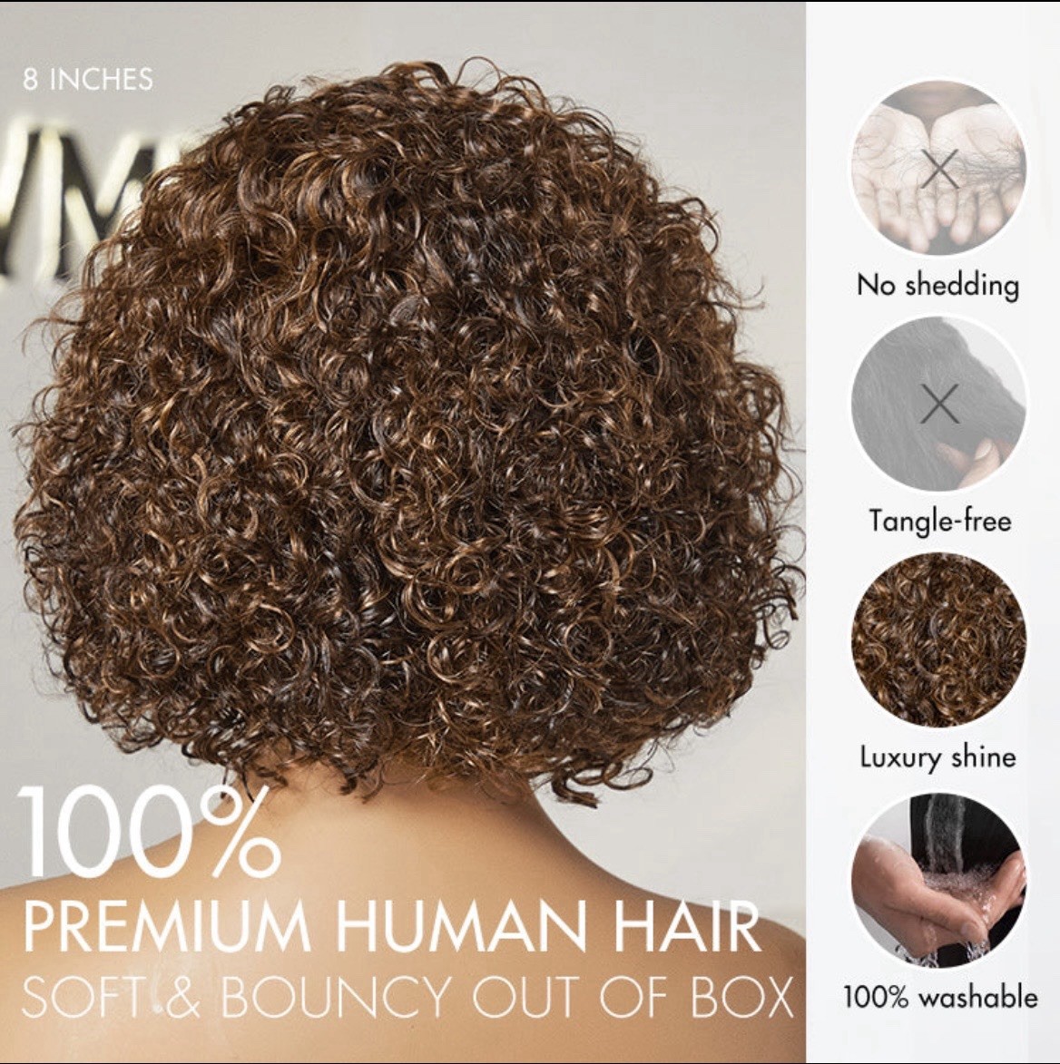 Luvme Short Curly Wig 8” Brown Highlight Human Hair Lace Front Pre-Cut Lace Bob