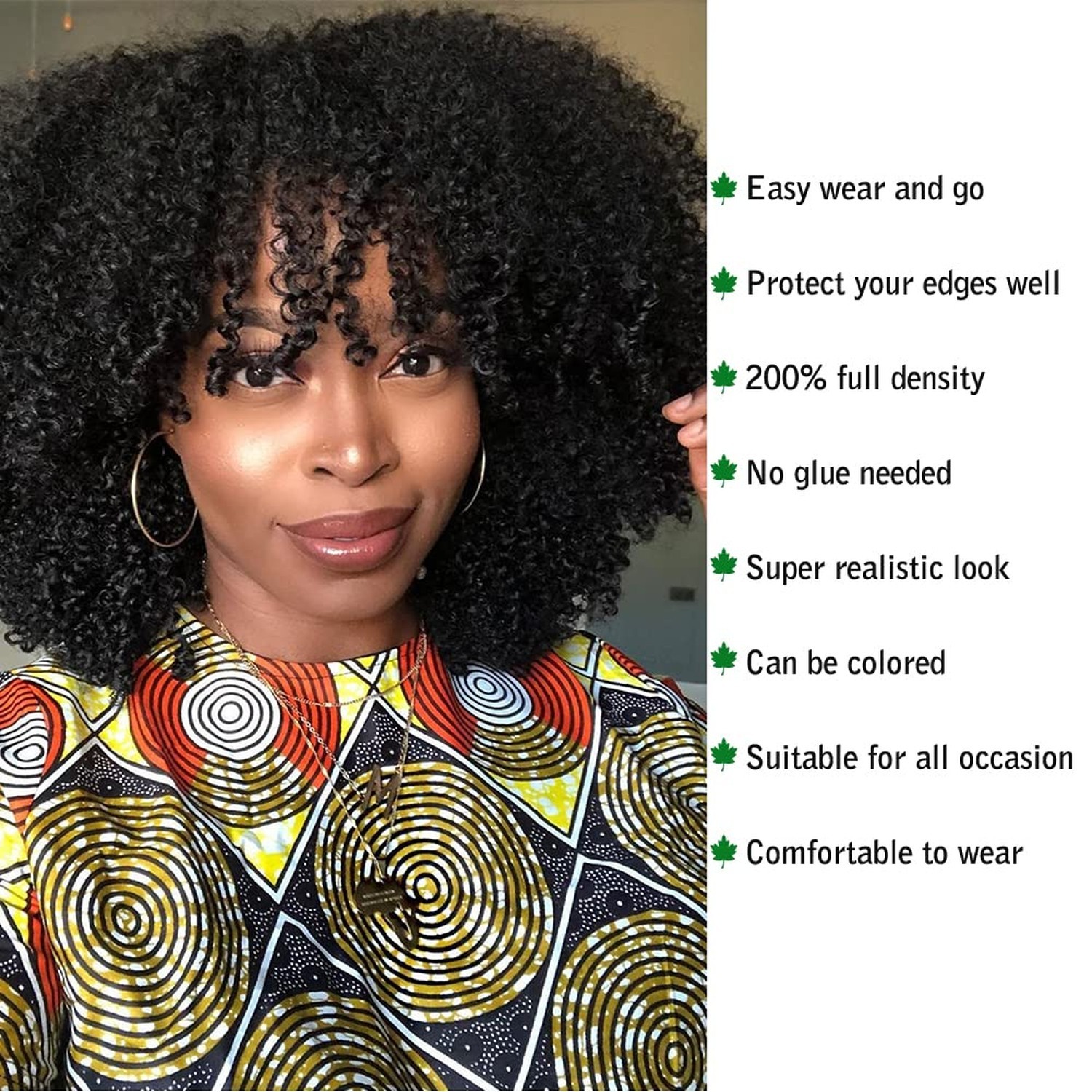 Full 200 Density Afro Kinky Curly Human Hair Wig With Bang Brazilia… Fast Ship