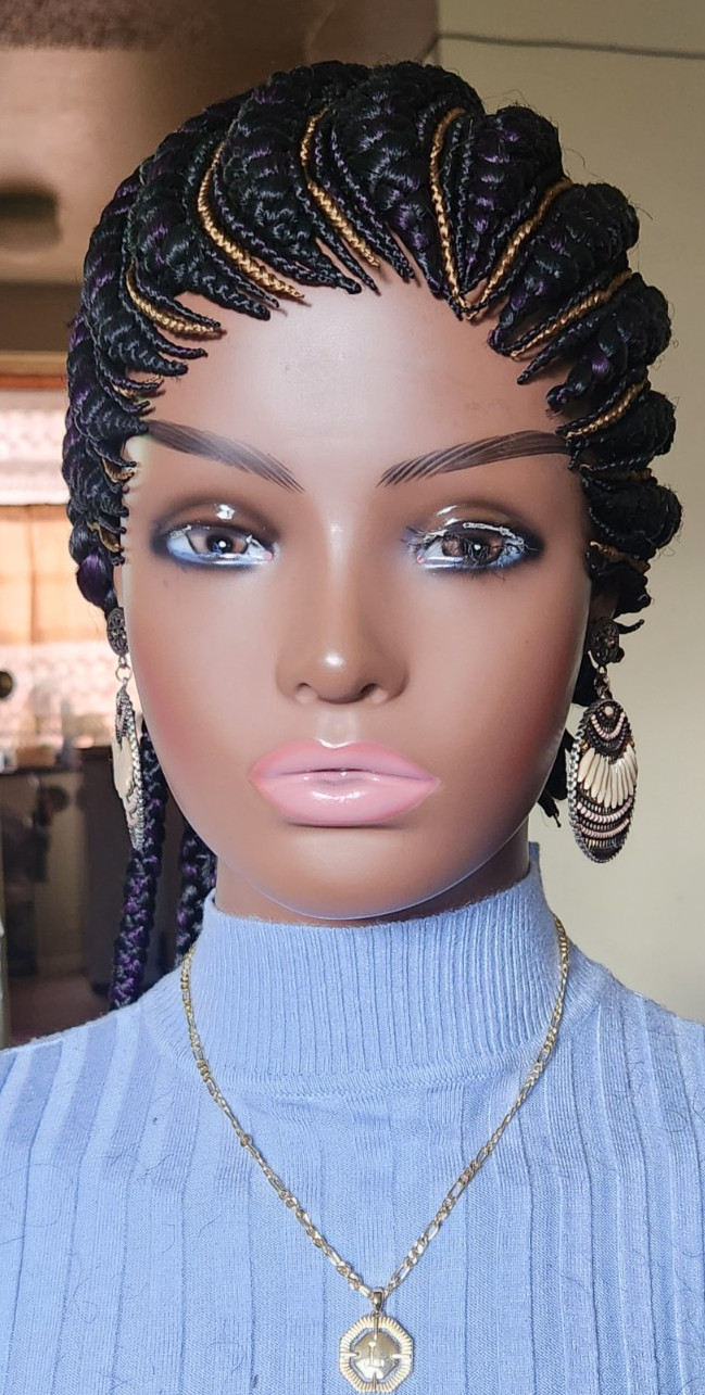 Fully Hand Braided box braid cornrow wig poney tail libre 1B mixt Dark purple/27