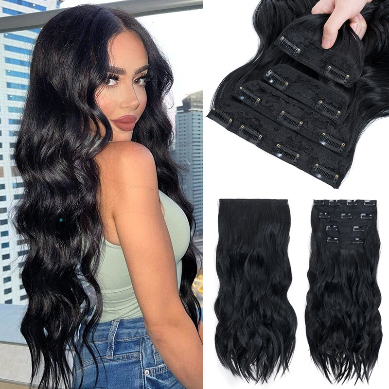 20-24In THICK Highlights Clip In Long Hair Extension Synthetic Clip on Hairpiece