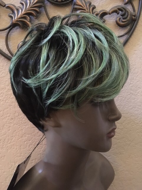 Motown Tress Synthetic Short Wig w/Highlight. Item ANGIE COLOR#RT1B/OLIVE GREEN.