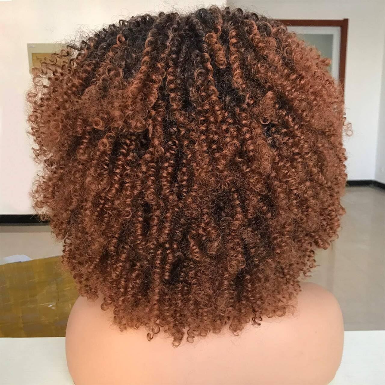 Short Afro Wig with Bangs Synthetic 14in Curly Kinky for Black Women Ombre Brown