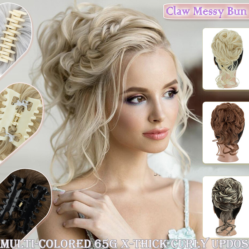 Claw Clip on Touseled Updo Chignon Extensions Short Messy Bun Curly Hair Piece