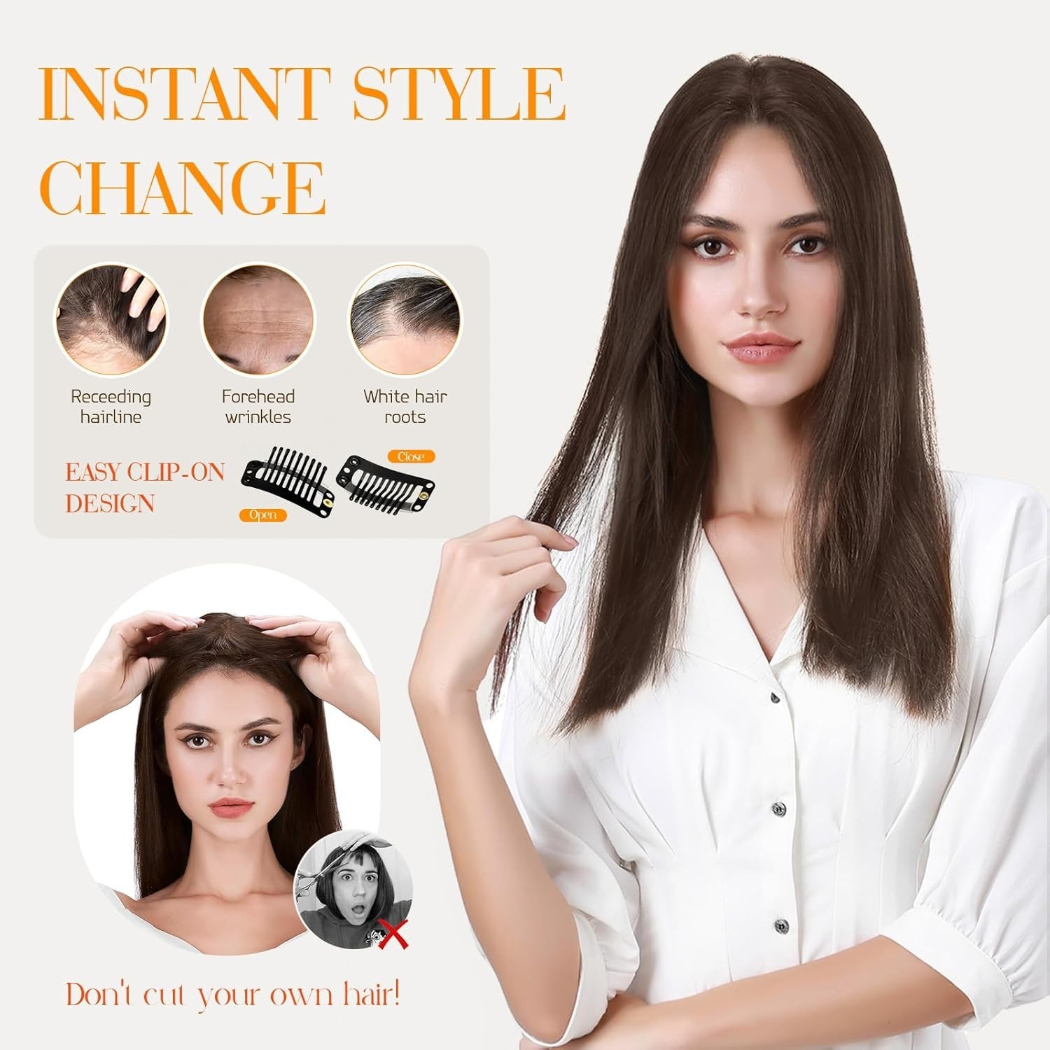 Hairro Human Hair Toppers For Women No Bang Middle Part Side Bangs Hair Clip Wis