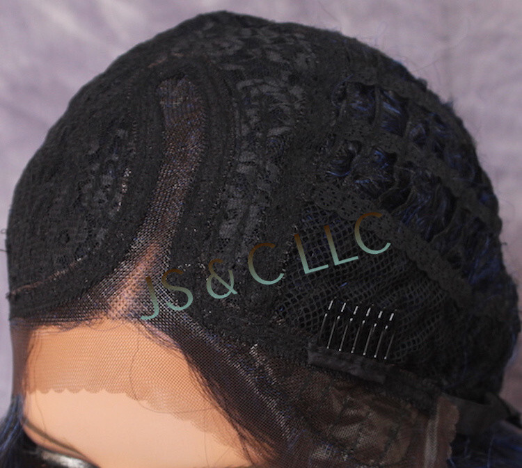 Human Hair Blend Full Lace Front wig Long Curly Blue Black Mix Heat OK DOM