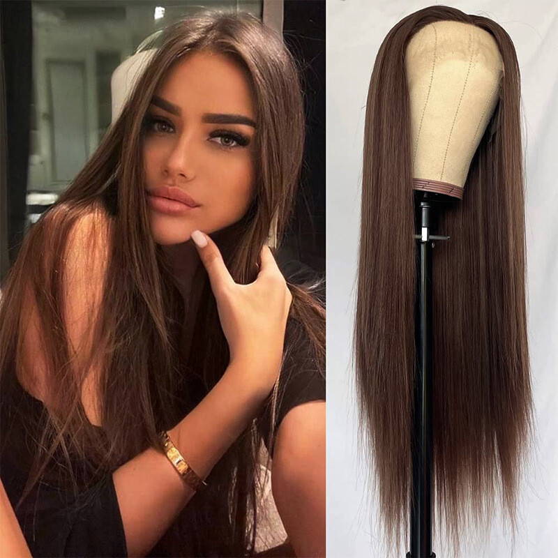 Dark Brown Synthetic Lace Front Wig Long Straight Chocolate Brown Lace Front Wig