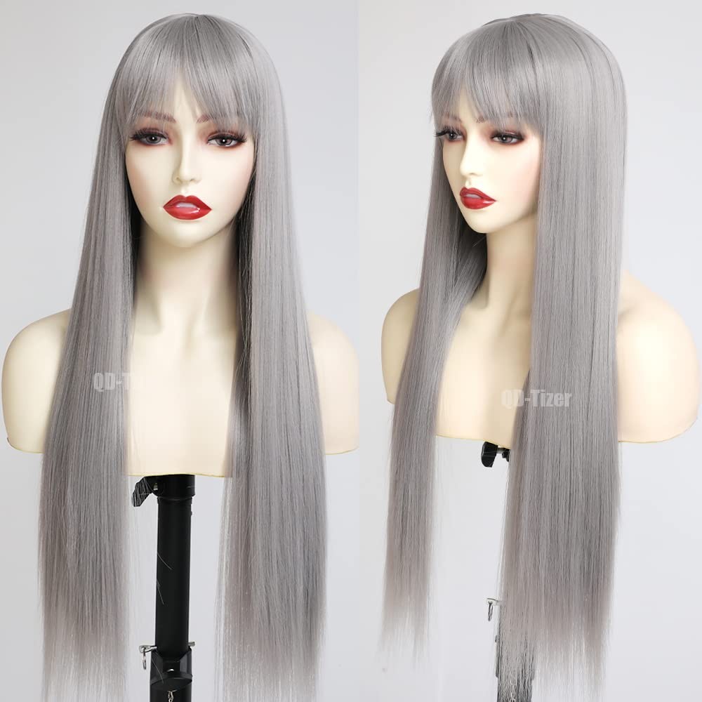 Grey Hair Color Long Straight Wigs with Bangs Natural Grey Colored Synthetic …