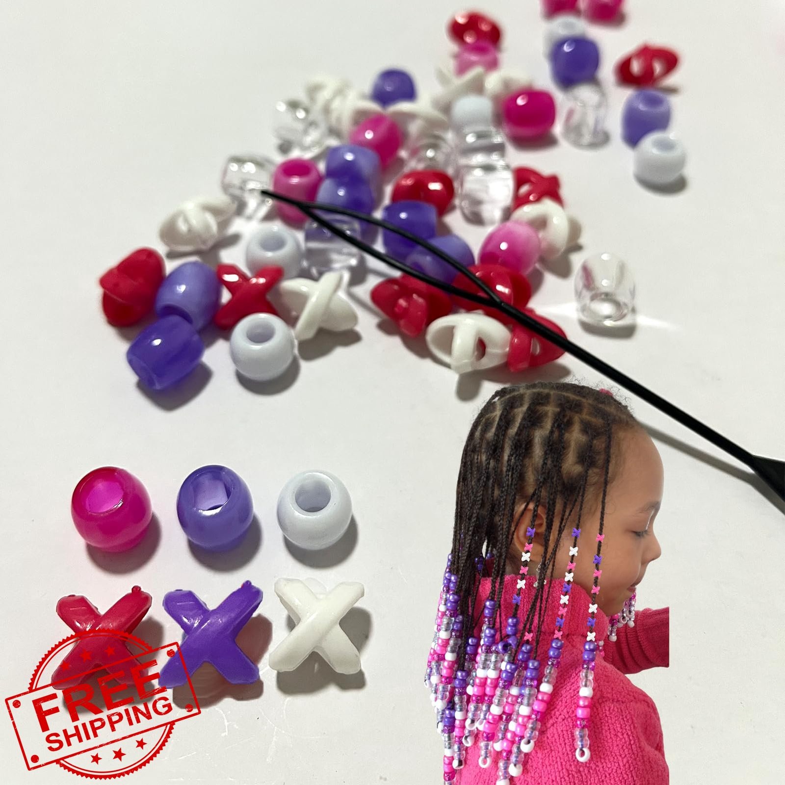 HKGTYE 60 Hair Beads for Braids, 2 Styles Pink Purple White Loc Jewelry