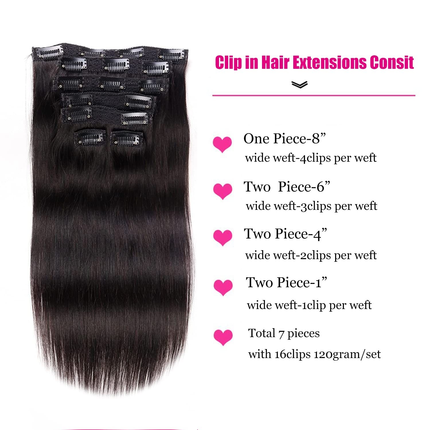 Clip in Hair Extensions Real Human Hair 14Inch 120g/set Straight Hu… Fast Ship