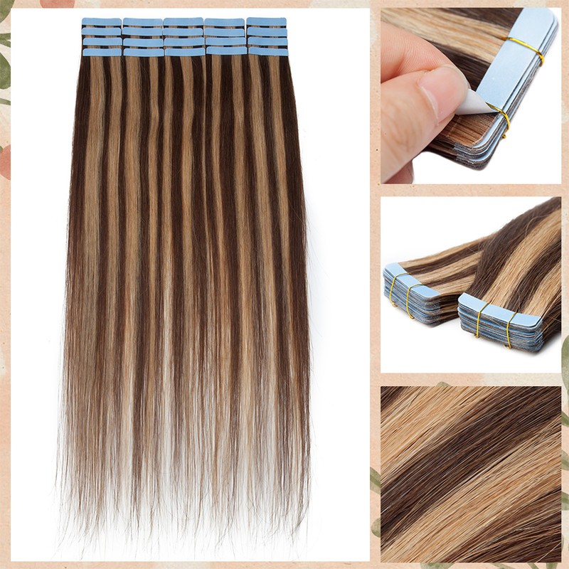 Tape In 100% Real Remy Human Hair Extensions Invisible Skin Wefts Balayage Ombre