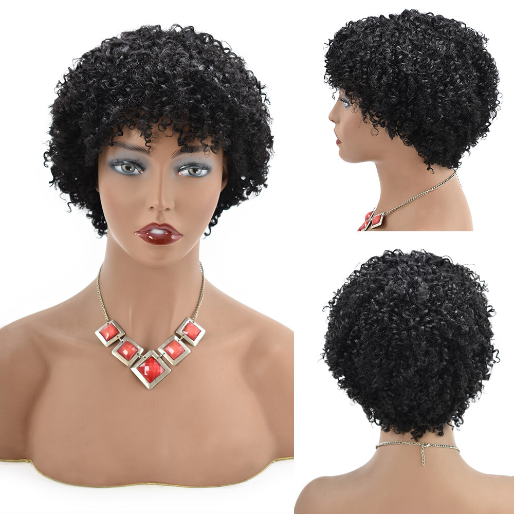 Kinky Curly Afro Wigs with Bangs Short Human Hair Wig for Black Women Brazilian