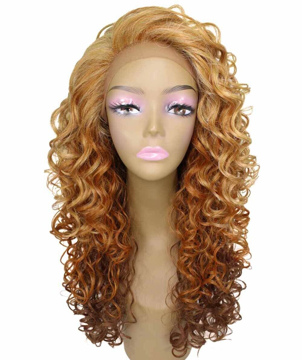 LUXLUXE Mariah Curly 16″ Long 7×4 Hand-Tied Lace Front Wig, Strawberry Blonde,