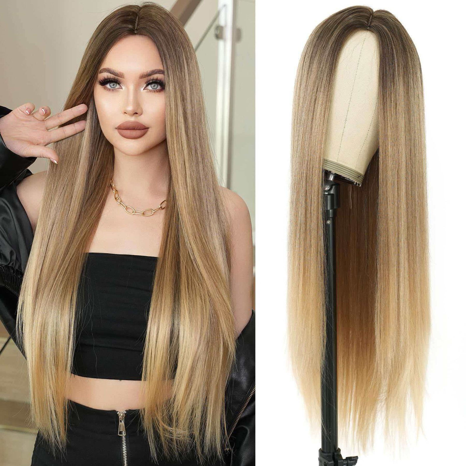 Long Brown to Gold Ombre Straight Wig for Women Heat Resistant Cosplay Party