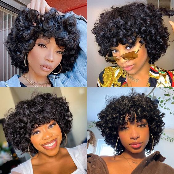 Human Hair Wigs With Bangs Full Machine Made Short Loose Curly Bob Wig For Women
