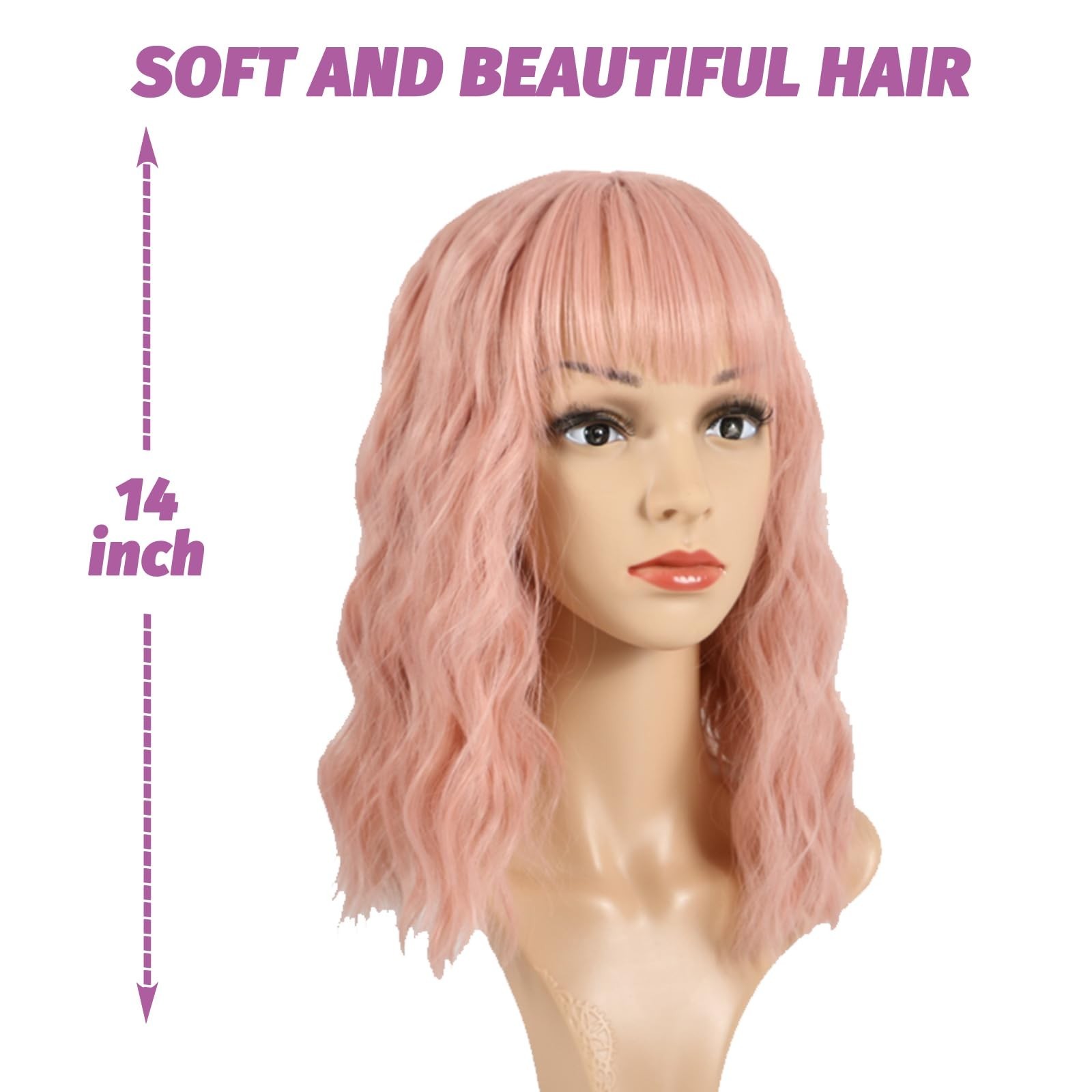 Pink Wavy Wig With Bangs, Wavy Wig for Women，Synthetic Natural Look… Fa