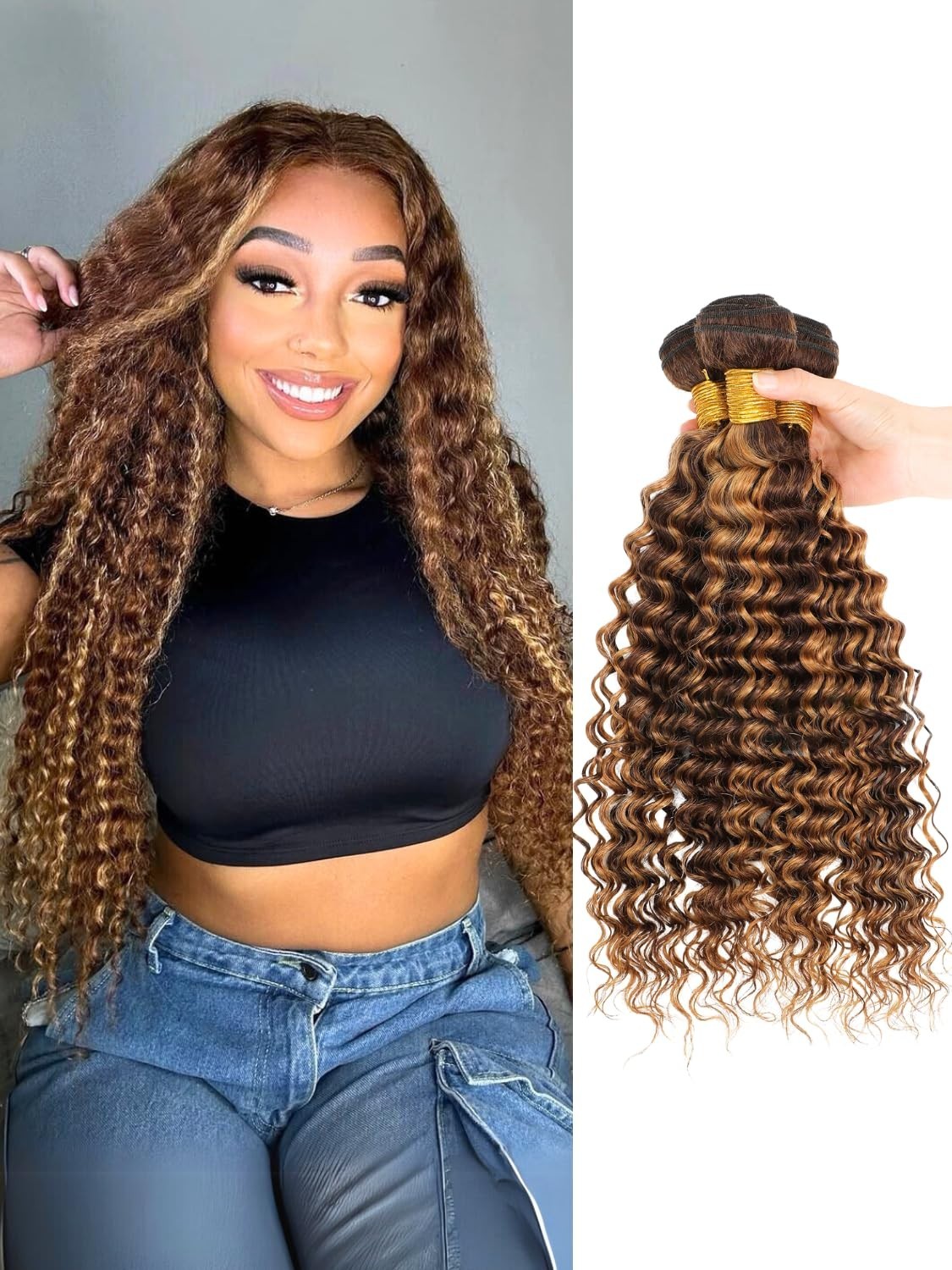 Honey Blonde Highlight Deep Wave 3 Bundles 100% Virgin Human Hair Extensions, Om