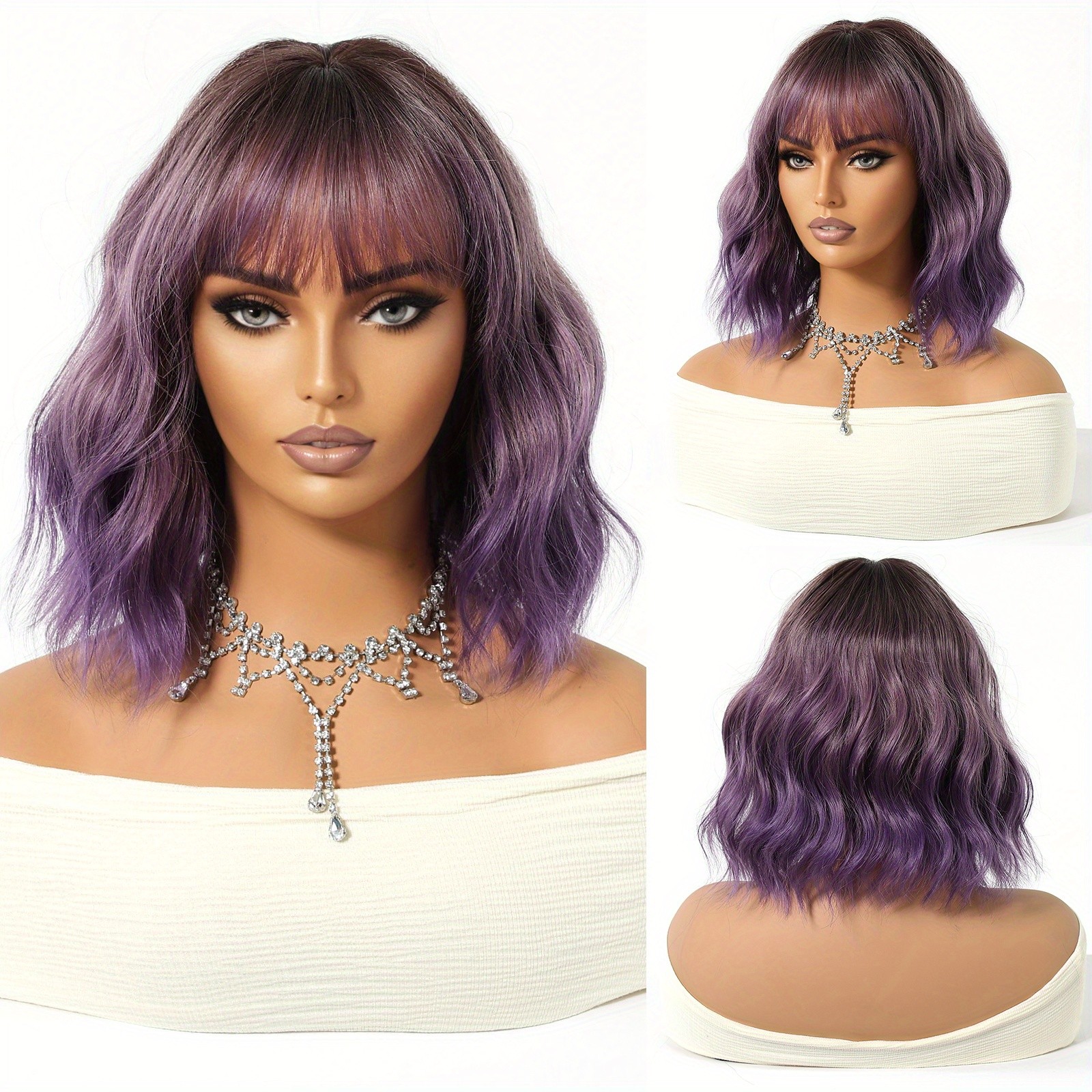 12″ Ombre Purple Short Curly Wig Synthetic Hair Wig Heat Resistant Bob Wig Daily