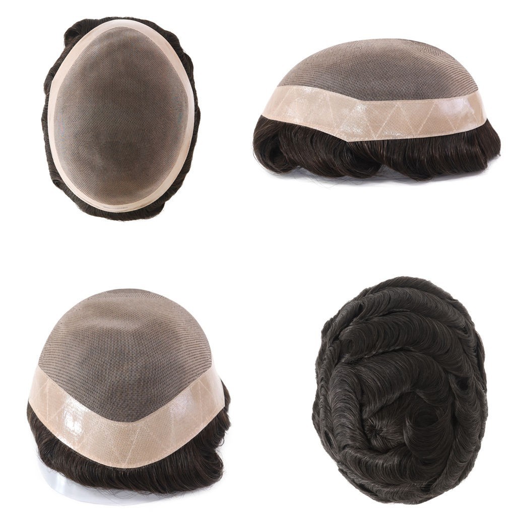 Mens Human Hair Replacement System Hairpiece Mono Poly Skin Toupee Dark Brown#2
