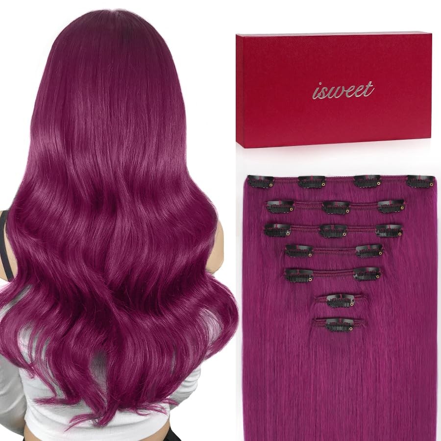 Straight Clip in Human Hair Extensions 14″ 95g Purple Remy 7Pcs Invisible