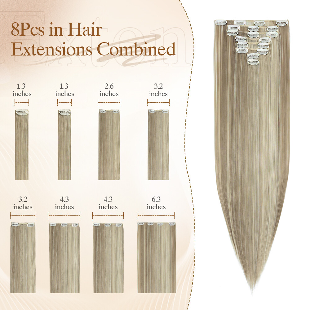 100% Real Natural Full Head Clip in Hair Extensions 8Pcs Straight Wavy Synthetic