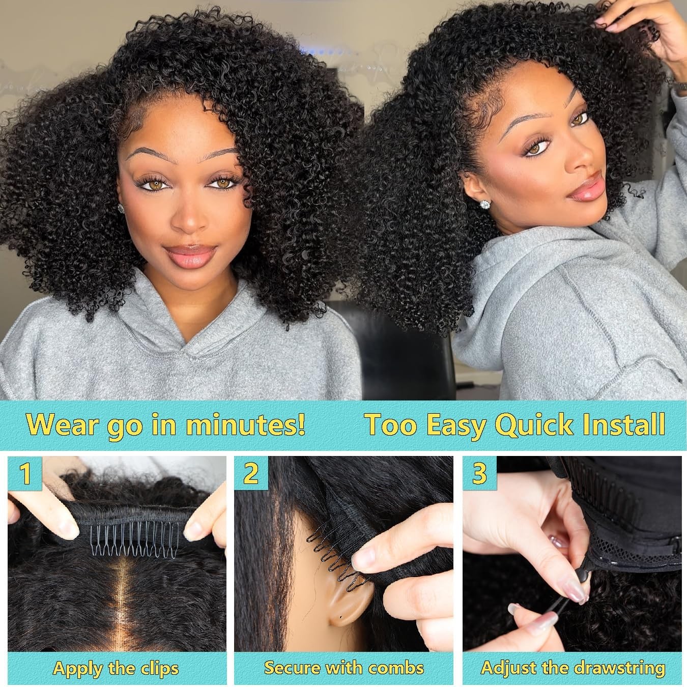 Kinky Curly 18″ Half Wig – 200 Density Drawstring Seamless Glueless Wig for Wome